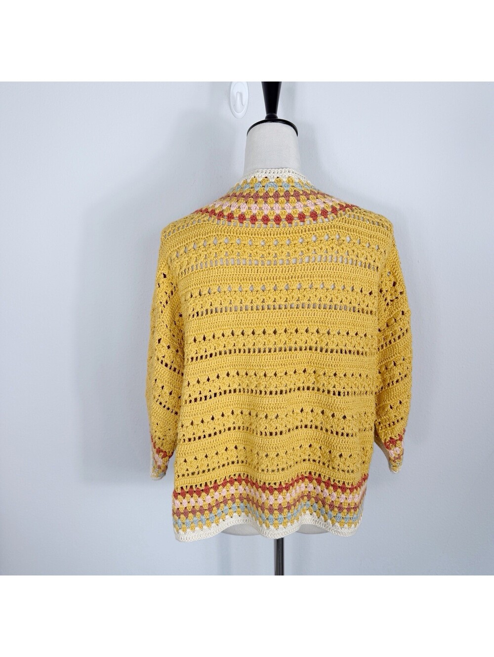 Driftwood Yellow Colorful Crochet Knit Open Cardigan Sweater Boho Festival Large - Picture 4 of 6